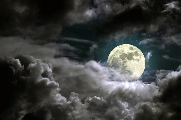 full moon, the sky, moonlight, cloudy night, space, cloud - Sky
