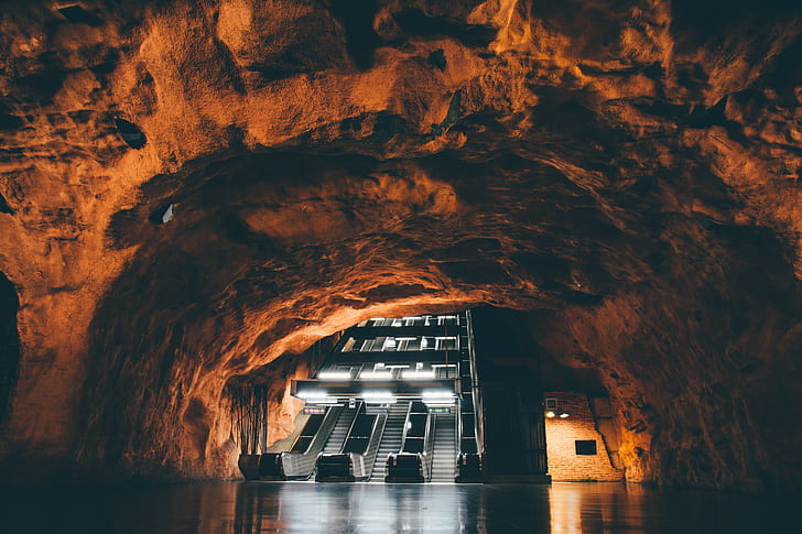 subway, ladders, staircase, cave, Stockholm metro, HD wallpaper