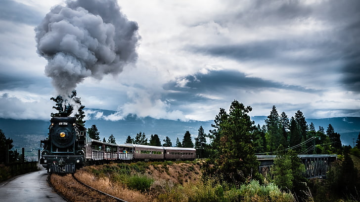 steam train HDR photography, trees, steam locomotive, sky, cloud - sky, HD wallpaper