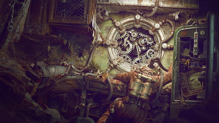 man with orange suit wallpaper, steampunk, old, machine, fantasy art