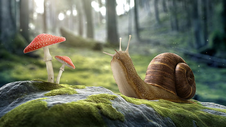 depth of field  stones  digital art  artwork  CGI  moss  worms eye view  mushroom  snail  macro  trees  forest  nature  3D, HD wallpaper