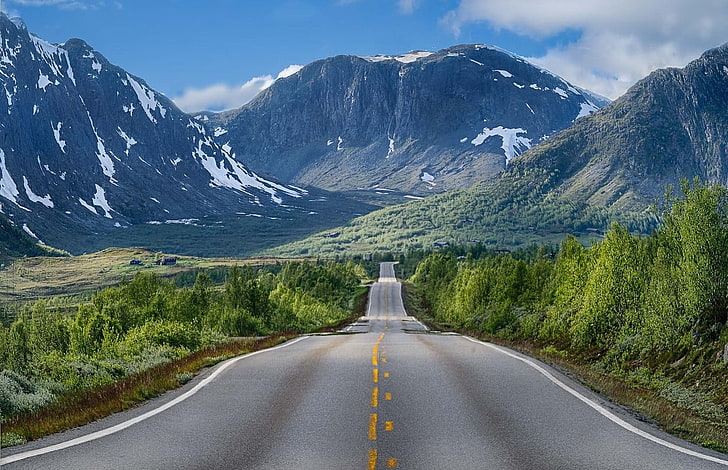 grey asphalt road, nature, landscape, mountains, trees, snow, HD wallpaper