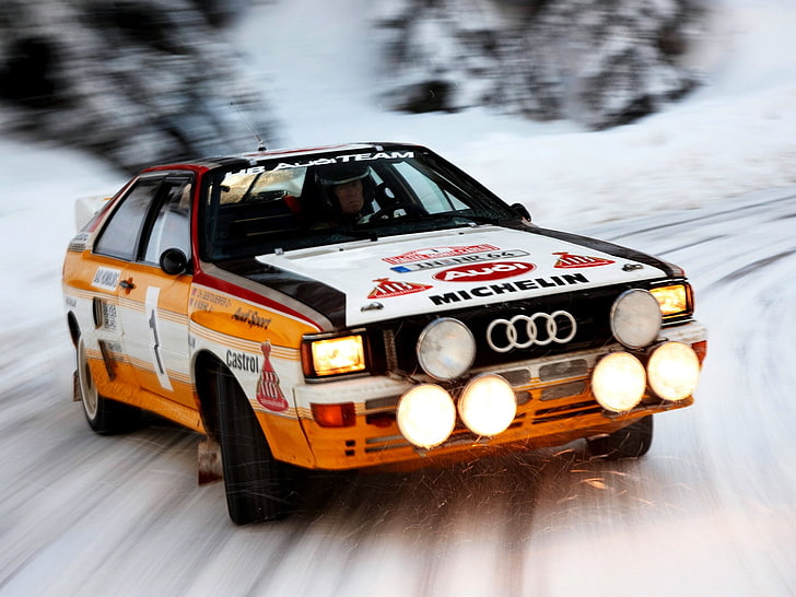 orange and white Audi rally car, Snow, Speed, Light, Quattro