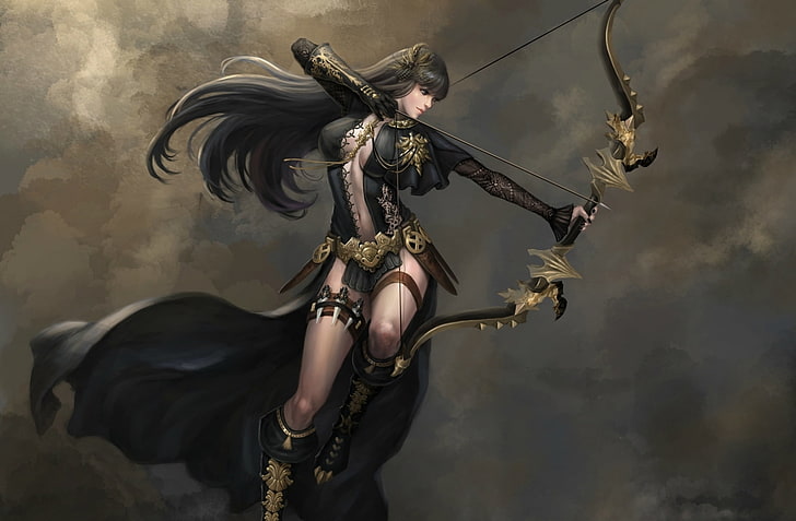 black-haired female holding bow character wallpaper, women, arrows