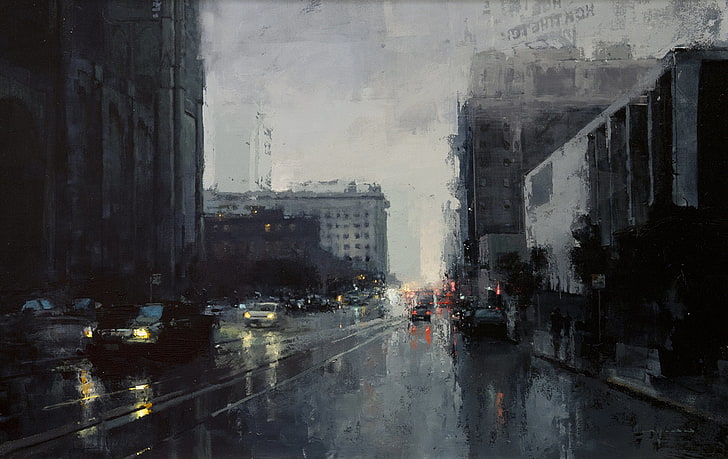gray concrete road, rain, car, city, artwork, modern impressionism