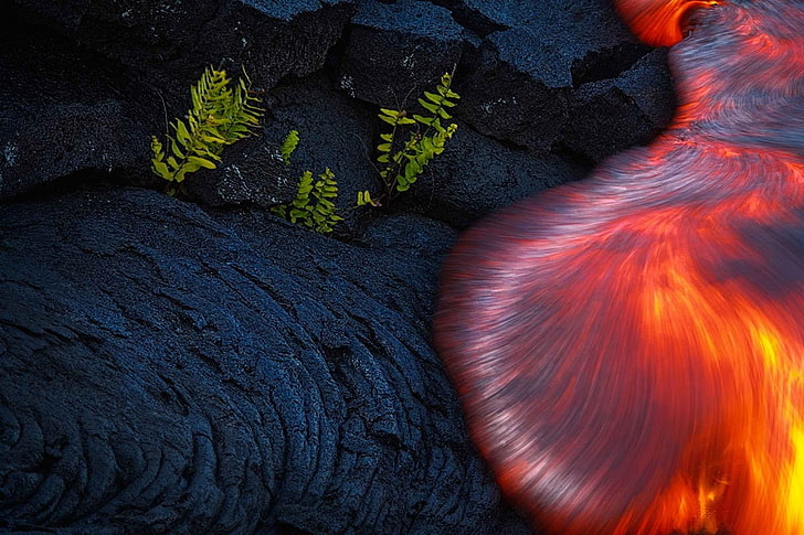 nature, landscape, long exposure, burning, lava, volcano, plants