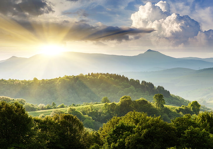 trees and mountains, greens, the sky, the sun, clouds, landscape, HD wallpaper