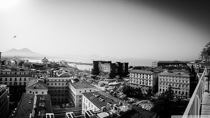 grayscale photo of city buildings, cityscape, monochrome, Napoli