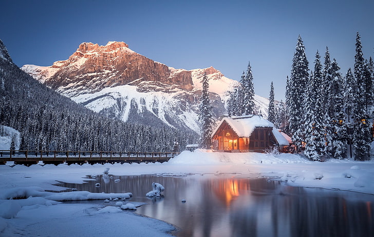 brown wooden house, winter, snow, trees, mountains, lake, Canada