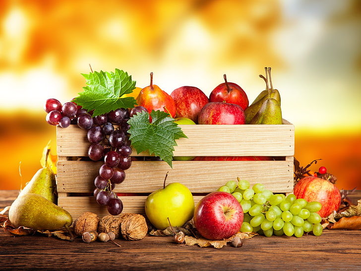 variety of fruits, autumn, apples, harvest, grapes, nuts, box, HD wallpaper