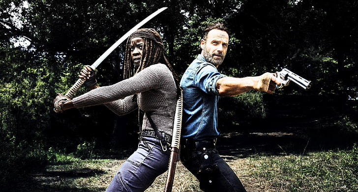 The Walking Dead, Rick Grimes, Michonne, tree, plant, casual clothing