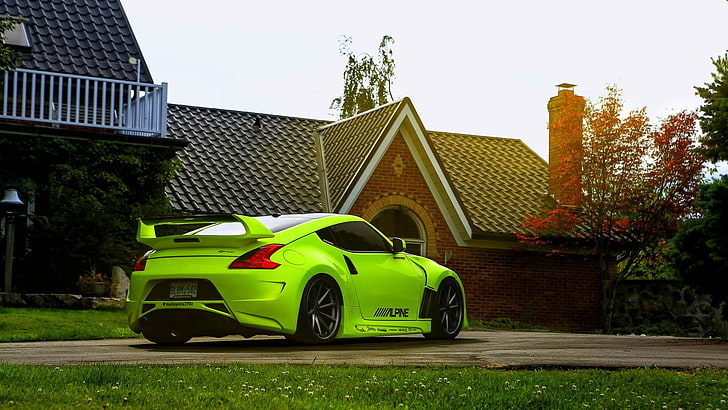 green coupe park infront on the house, car, Nissan 370Z, vehicle