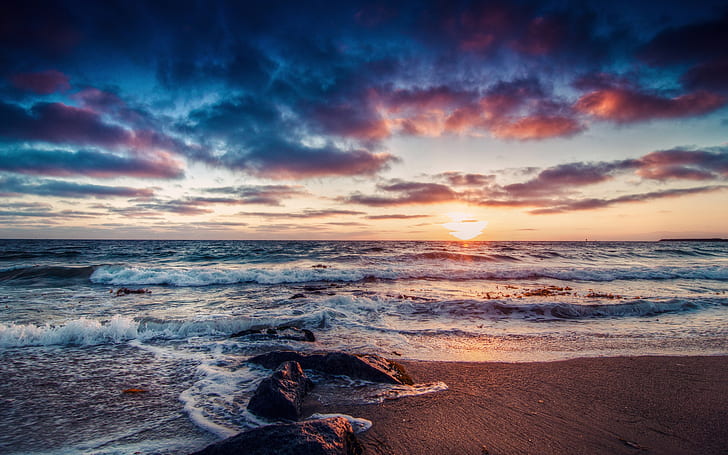 Beautiful coast sunrise, sea, waves, rocks, clouds, HD wallpaper
