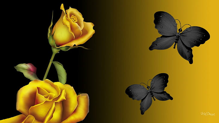 Golden Black, yellow roses and black butterflies, exotic, blooms