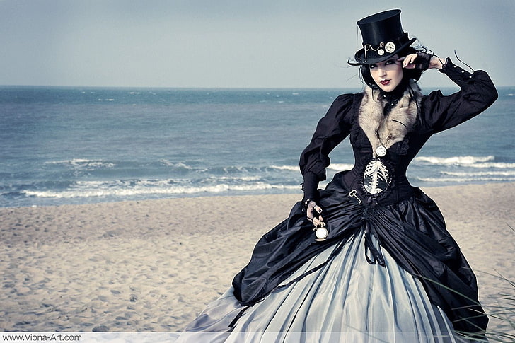 women's black and white bi-shop sleeved ball gown and red top hat, HD wallpaper