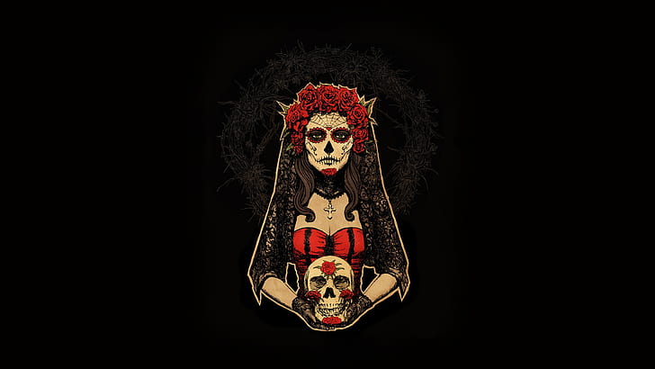 Dia de los Muertos, artwork, women, skull, minimalism, redhead