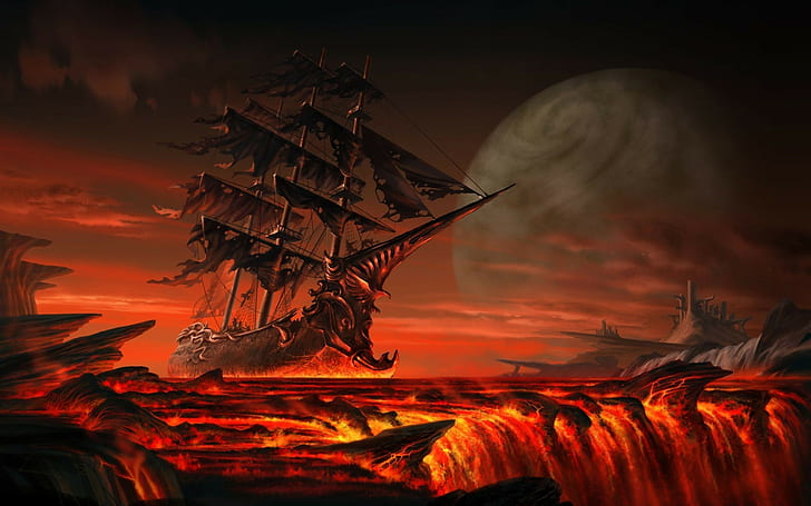 Pirate Ship Pirates Lava Ships Fantasy Art 3d Sailing Desktop Hd Wallpaper 1920×1200