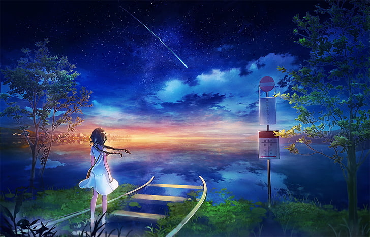 Hd Wallpaper Anime Girl Railway Falling Star Scenic Sky Dead