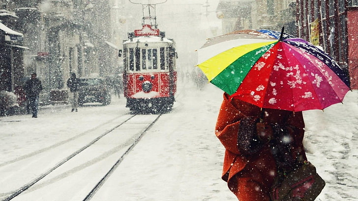 umbrella, snowing, winter, freezing, tram, electrical, snowfall, HD wallpaper
