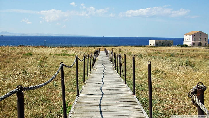 Bridge To The Sea, beach, wooden, rope, grass, nature and landscapes