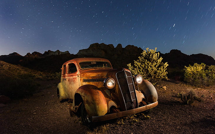 mountains, wreck, car, stars, night, desert, long exposure, HD wallpaper