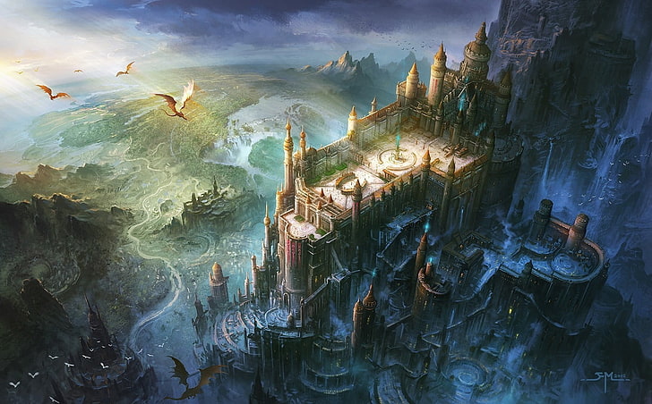 painting of castle, fantasy art, dragon, bird's eye view, architecture