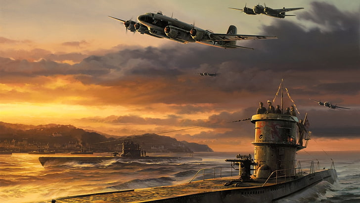 brown cruise ship digital wallpaper, war, art, airplanes, painting, HD wallpaper