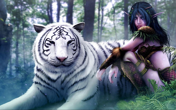 white tiger illustration, Warcraft, Night Elves, video games, HD wallpaper