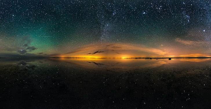 HD wallpaper: stars landscape night long exposure reflection lake ...