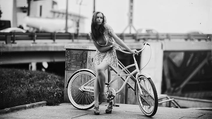 Girl, beauty, cycling photos, classic black and white, beautiful desktop, HD wallpaper