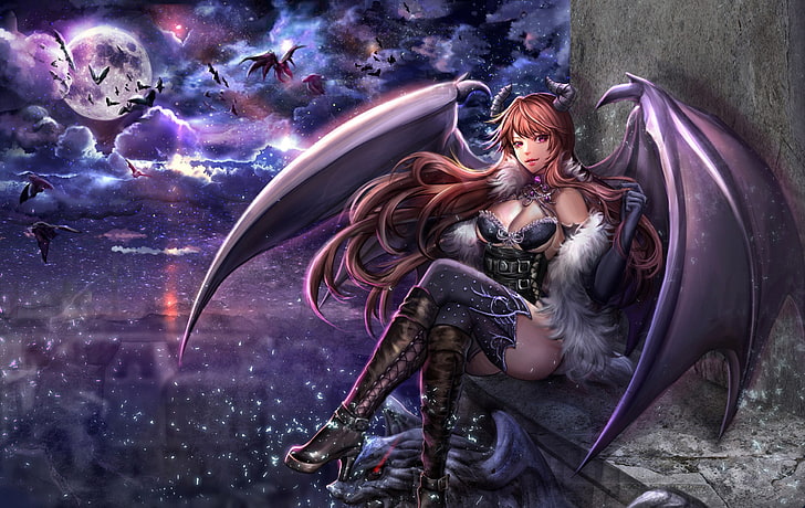 woman with wings wallpaper, anime girls, knee-highs, corset, horns, HD wallpaper