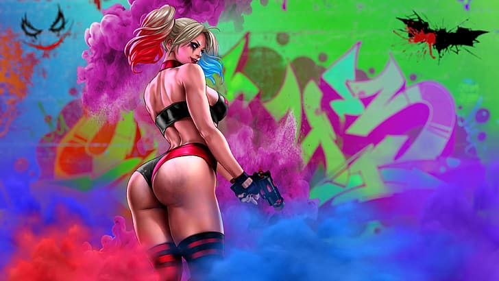 artwork, Harley Quinn, DC Comics, graffiti, colorful