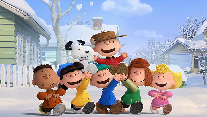 The Peanuts movie scene, Snoopy, Charlie Brown, winter, friends