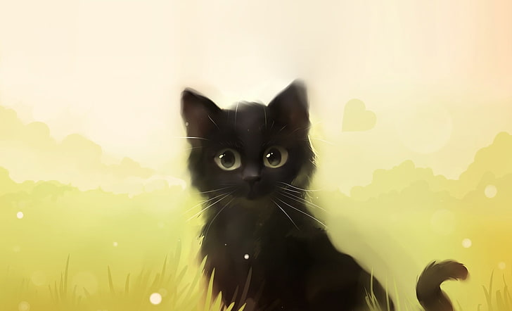 black cat digital wallpaper, grass, kitty, art, Apofiss, domestic Cat