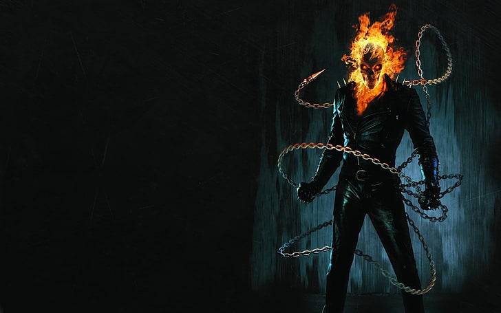 Ghost Rider digital wallpaper, the dark background, fire, chain