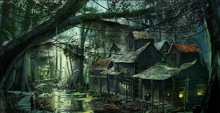 houses near body of water illustration, fantasy art, swamp, tree