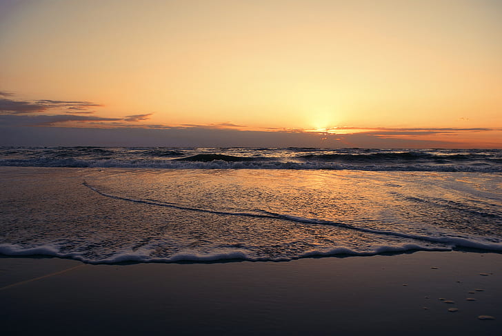 Sand, sea, Sunset, seashore with sunrise, beach, water, clouds, HD wallpaper
