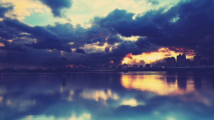city, reflection, lake, clouds