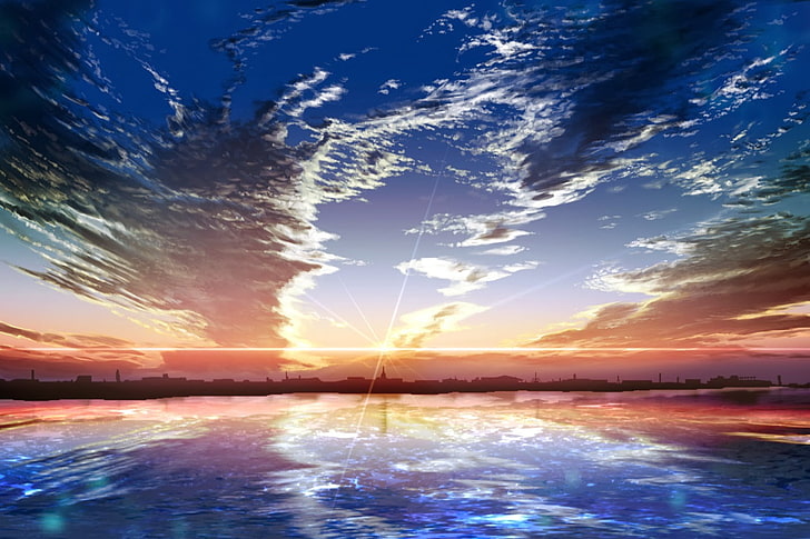 blue and brown abstract painting, fantasy art, anime, sky, water, HD wallpaper