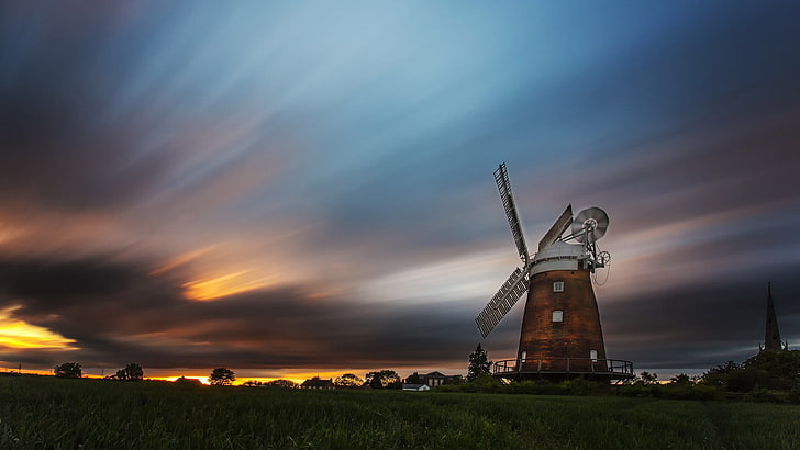 time lapse photograph of brown and white windmill, nature, landscape