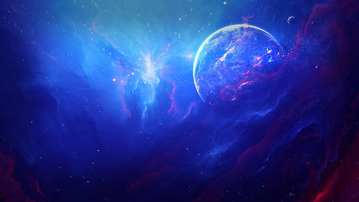 planet illustration, nebula, space, blue, red, galaxy, space art, HD wallpaper