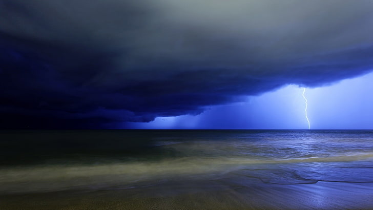 nature, landscape, storm, lightning, clouds, water, sea, waves, HD wallpaper