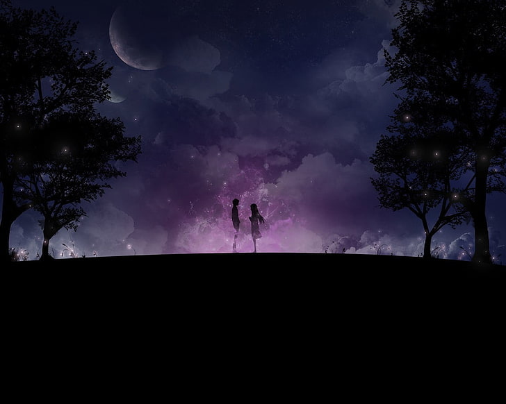women's white top, Moon, space, stars, trees, couple, Kimi ni Todoke