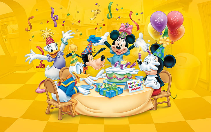 Happy Birthday Mickey Celebration Birthday Cake Balloon Candles gifts Hd Desktop Wallpaper 1920×1200, HD wallpaper