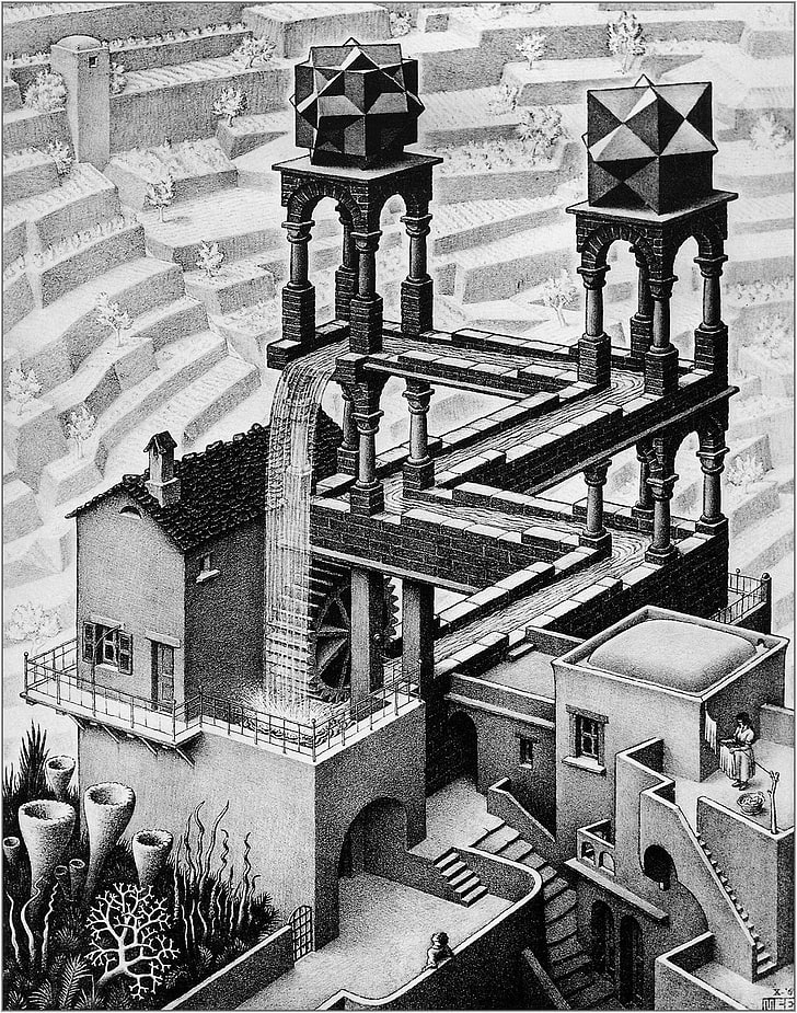 grayscale photo of building, loop, M. C. Escher, optical illusion