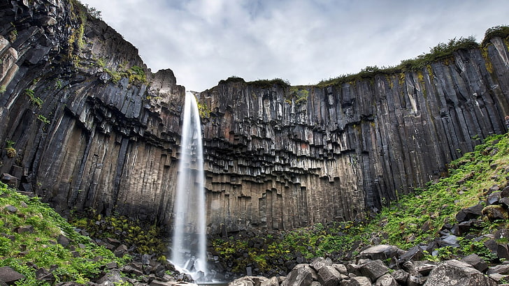 white waterfall, rock formation, nature, landscape, cliff, rock - object, HD wallpaper