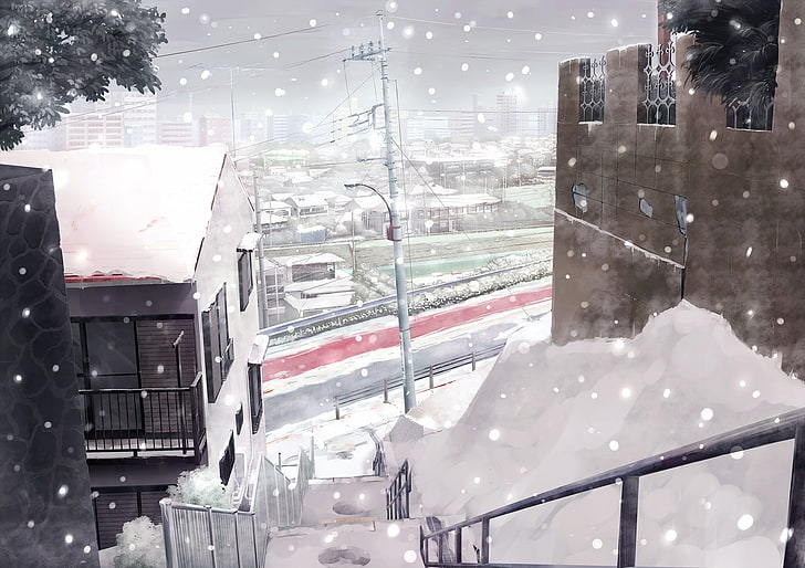 black railings, city, snow, winter, anime, stairs, cityscape