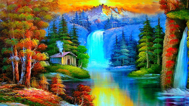 Cabin By The River, waterfalls near between trees and house painting, HD wallpaper