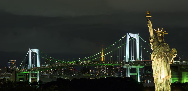bridge, night, Statue of Liberty, Japan, built structure, illuminated