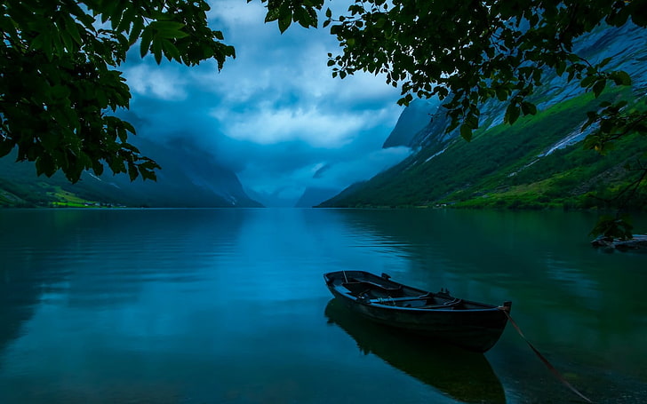 grey boat, nature, landscape, lake, trees, clouds, mountains, HD wallpaper